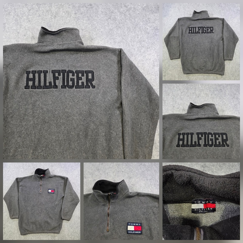 Vintage Tommy Hilfiger Sweatshirt Mens XL Gray Fleece 1/4 Zip Flag Logo Pullover